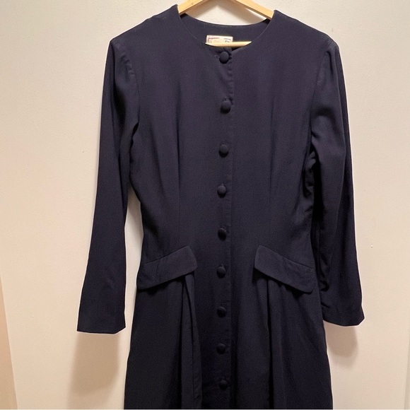 Vintage Talbots Navy Blue Wool Long Sleeve Button Down Maxi Dress Size 8 - Picture 3 of 11